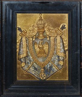 Gilt Napoleonic Heraldic Armorial, 19th c., presented in an ebonized shadowbox frame, H.- 6 3/8 in., W.- 5 1/8 in. Provenance: The Estate of John Ange