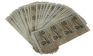 Group of 50 Sheets of $50 Louisiana Five Dollar Baby Bonds, 1874, in sheets of four, hand numbered and signed, sequentially numbered from 64105 to 643