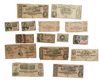Group of Fifteen Confederate Bills, consisting of a $10 example, 1864; a $50 example, 1864; a $100 example, 1862; a $10 example, 1864; a $2 bill, 1862