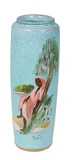 Cylindrical Glazed Earthenware Tall Vase, with a Billie Stroud (Louisiana, 1919-2010), painting of a woman and a moss draped tree, H.- 12 in., Dia.- 4
