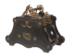 English Brass Ebonized Wood Bronze Mounted Coal Scuttle, late 19th c., with interior coal basket, verso with coal scoop, lid with a sevres style paint