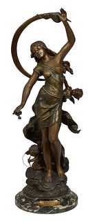 French Art Nouveau Bronze Patinated Spelter Statue of "La Nuit," by Louis Moreau, on a highly figured carved stepped black marble base, with a name pl