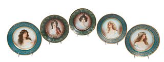 Set of Five Porcelain Portrait Plates, c. 1910, two marked Prussia and three Austrian, the borders with gilt tracery decoration, H.- 1 3/8 in., Dia.- 