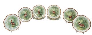 Set of Eight French Limoges Bird Plates, c. 1900, with gilt scalloped rims, H.- 1 1/8 in., Dia.- 9 1/2 in.