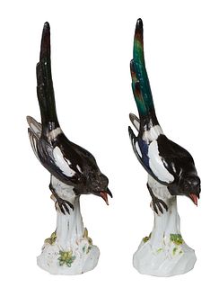 Pair of Meissen Porcelain Magpies, 19th c., on integral bases withapplied floral decoration, H.- 21 1/4 in., W.- 5 in., D.- 10 in.