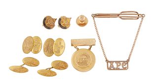 Group of Scrap 10K Yellow Gold, consisting of two pair of cufflinks, two U.S. Steel brooches; a New Orleans Country Club Medal brooch; a stud button b