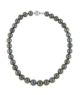 Graduated Strand of Thirty-Five Graduated Dark Grey South Seas Cultured Pearls, ranging from 11-13mm, with a 14K white gold ball clasp, l.- 18 in., wi