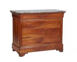 French Provincial Louis Philippe Carved Walnut Marble Top Commode, 19th c., the rounded corner reeded edge highly figured grey marble over a cavetto f