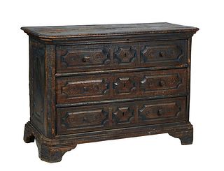 French Provincial Polychromed Oak Commode, 19th c., the canted corner two band stepped edge over three velvet lined large drawers, on a plinth base on