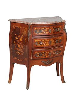 French Marquetry Inlaid Walnut Ormolu Mounted Louis XV Bombe Marble Top Commode, late 19th c., the stepped edge rounded corner figured brown bowfront 