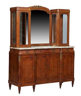Art Deco Ormolu Mounted Inlaid Carved Walnut Marble Top Sideboard, 20th c., with a central arched wide beveled mirror, flanked by two wide beveled mir