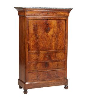 French Provincial Louis Philippe Carved Walnut Marble Top Secretary Abattant, 19th c., the rounded corner figured gray marble over a cavetto frieze dr