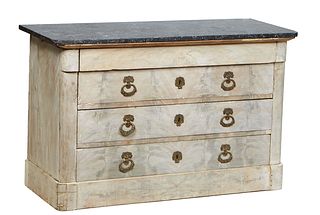 French Provincial Polychromed Walnut Marble Top Commode, 19th c., the rounded corner highly figured gray marble over a frieze drawer and three large d