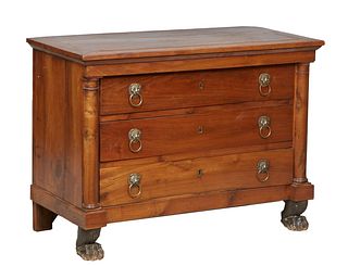 French Empire Style Carved Walnut Commode, 19th c., the rectangular top over three setback deep drawers, flanked by engaged columns on a plinth base o