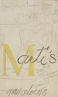 George Valentine Dureau (New Orleans, 1930-2014), "Marti's Menu, New Orleans," 1971, signed and dated in print, inscribed on top "From George Dureau D
