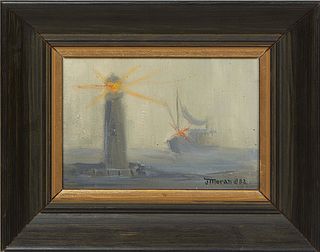 Joe Moran (1919-1999, Mississippi), "Lighthouse Guiding the Shrimp Boat," 1982, oil on canvas, signed and dated lower right, with a "Moran's Art Studi