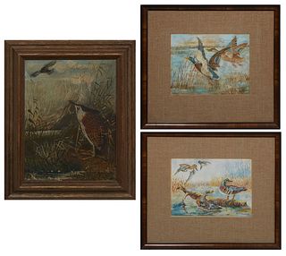 Mary C. Mugnier (Louisiana, 1880-), Three Bird Paintings, consisting of a pair of duck paintings and an American Bittern, 20th c., oils on canvas, eac