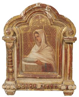 Gilt Italian Religious Icon, 19th c., oil on panel, presented in a carved arched gilt and gesso frame, H.- 18 1/4 in., W.- 14 5/8 in., D.- 2 1/2 in.