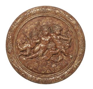 French Gilt and Gesso Circular Panel, 20th c., with a relief leaf, floral, and scroll decorated center with four frolicking putti, three with wings, H