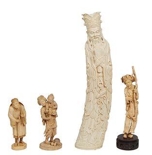 Four Japanese Carved Ivory Figures, 20th c., a large example of a sage with a staff; a fisherman and his catch on a carved hardwood base; a woman hold