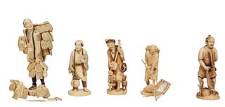 Group of Five Japanese Carved Ivory Figures, 20th c., consisting of a fisherman with a net; a musician with a child, signed on the underside; a fisher