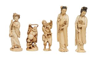 Group of Five Japanese Ivory Figures, 20th c., consisting of a pair of women holding flowers; a hotei with a fan; a woman with scrimshaw decoration, s