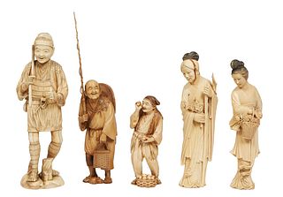 Group of Five Carved Japanese Ivory Figures, 20th c., consisting of a fisherman with his pole; a woman with a floral basket; a woman holding a staff a