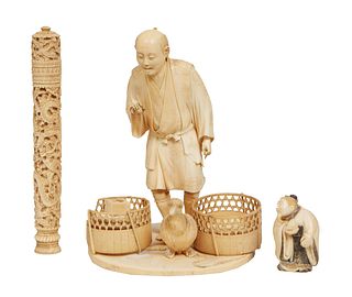 Group of Three Japanese Carved Ivory Objects, 20th c., consisting of a mushroom gatherer on a circular base, signed on the underside; a dragon carved 