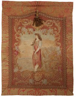 French Needlepoint and SIlk Tapestry, 19th c., of a woman with a lute, fastened with gold thread etching, the top with metal hanging rings, H.- 39 in.