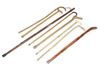 Group of Eight Walking Aids, 20th c., consisting of three hiking sticks; an L-shaped branch cane; an ivory clad cane with gilt and polychromed decorat
