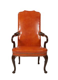 English Queen Anne Style Leather Upholstered Armchair, 20th c., the canted arched high back over curved arms, to a bowed seat on cabriole legs with pa