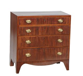 English Georgian Style Inlaid mahogany Bachelor's Chest, 19th c., the rectangular top over four graduated drawers on a plinth base on bracket feet, H.