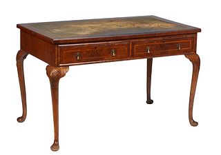 English Inlaid Mahogany Queen Anne Style Writing Table, early 20th c., the ogee edge rectangular top with a gilt tooled leather inlaid writing surface