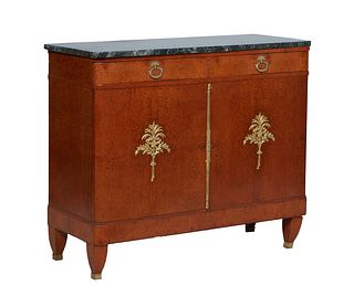 French Burled Walnut Ormolu Mounted Louis XVI Style Marble Top Sideboard, c. 1940, the figured verde antico marble over two frieze drawers above doubl