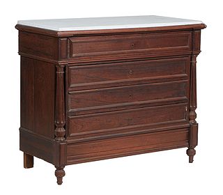 French Carved Walnut Marble Top Secretary Commode, c. 1870, the ogee edge figured white marble over a fall front secretary drawer with an inset gilt t