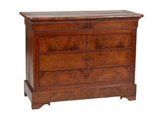 French Provincial Louis Philippe Carved Walnut Commode, 19th c., the rounded corner top over a cavetto frieze drawer and three deep drawers, on a plin