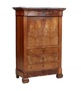 French Louis Philippe Carved Walnut Marble Top Secretary Abattant, 19th c., the highly figured gray marble over a cavetto frieze drawer and a fall fro