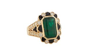 Lady's 18K Yellow Gold Dinner Ring, with an octagonal 5.12 ct emerald, within a border of round diamonds and black enamel triangles, on a split should