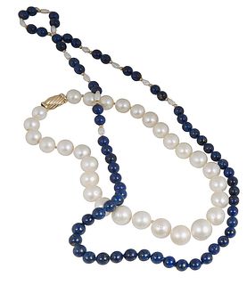 Two Vintage Necklaces, one of round lapis beads, freshwater pearls and gold spacing beads, L.- 26 in.; the second of graduated white cultured pearls, 