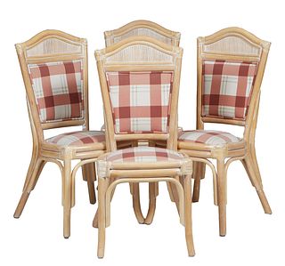 Set of Four Polychromed Bentwood and Rattan Dining Chairs, 20th c., the arched tapered upholstered back over a bowed upholstered seat, on splayed legs
