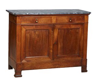 French Provincial Louis Philippe Carved Walnut Marble Top Commode, mid 19th c., the reeded edge rounded corner highly figured grey marble over two fri