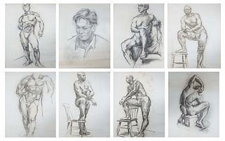 New Orleans School, Fourteen Nude Male Figure Drawing Studies and one Portrait, charcoal on paper, each unsigned, each unframed, each presented in pro