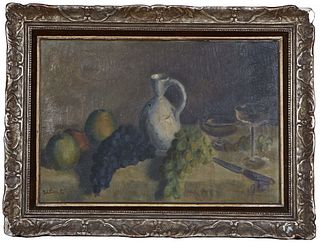 J Closset, "Still Life of Fruit and Pitcher," early 20th c., oil on canvas, signed lower left, presented in a velvet lined and polychromed frame, H.- 