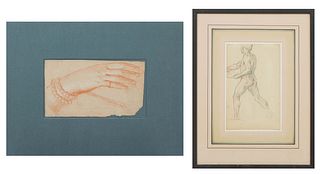 Two Sketches, consisting of American School, "Untitled, Sketch of a Male Nude," 20th c., pencil and red charcoal on paper, unsigned, with an inscripti