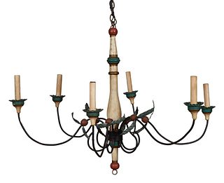 French Provincial Style Polychromed Six Light Chandelier, 20th c., with carved wood columnar support issuing six scrolled leaf mounted wine arms with 