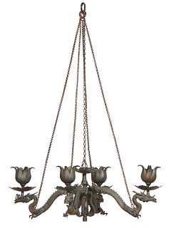 Unusual Patinated Bronze Five Light Chandelier, late 19th c., with a central floriform candle cup and bobeche over four curved dragon form arms, with 
