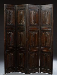 English Carved Oak Jacobean Four Panel Dressing Screen, c. 1900, each panel with three double sided relief linenfold decorations, H.- 72 1/2 in., Each