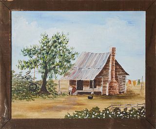 Southern School, "Louisiana Cottage Scene," unsigned, 20th c., acrylic on paperboard, presented in a wood frame, H.- 15 1/4 in., W.- 19 3/8 in., Frame