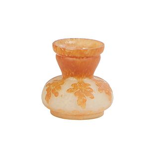 Diminutive Galle Style Cameo Glass Vase, 19th c., with orange leaf decoration, H.- 3 1/4 in., Dia.- 3 1/4 in.