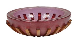 George Bucquet (1954- American) "Studio Raspberry Glass Bowl," of circular tapering ribbed form with exterior copper colored ribs, signed "Bucquet 06,